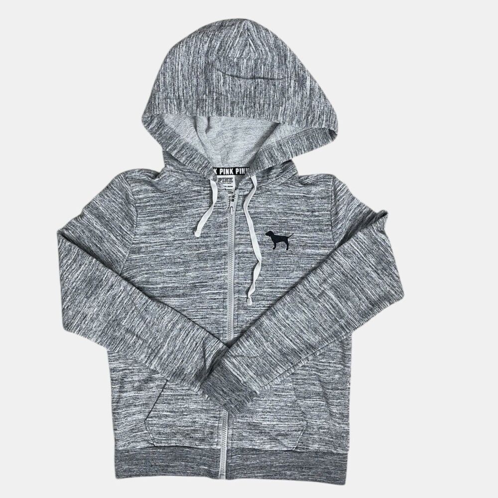 PINK Victoria’s Secret Hoodie XS Gray Zip Up Logo Dog Sweatshirt